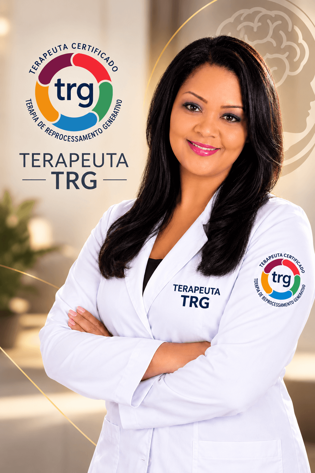 Ely Oliveira, com identificação de terapeuta certificada TRG